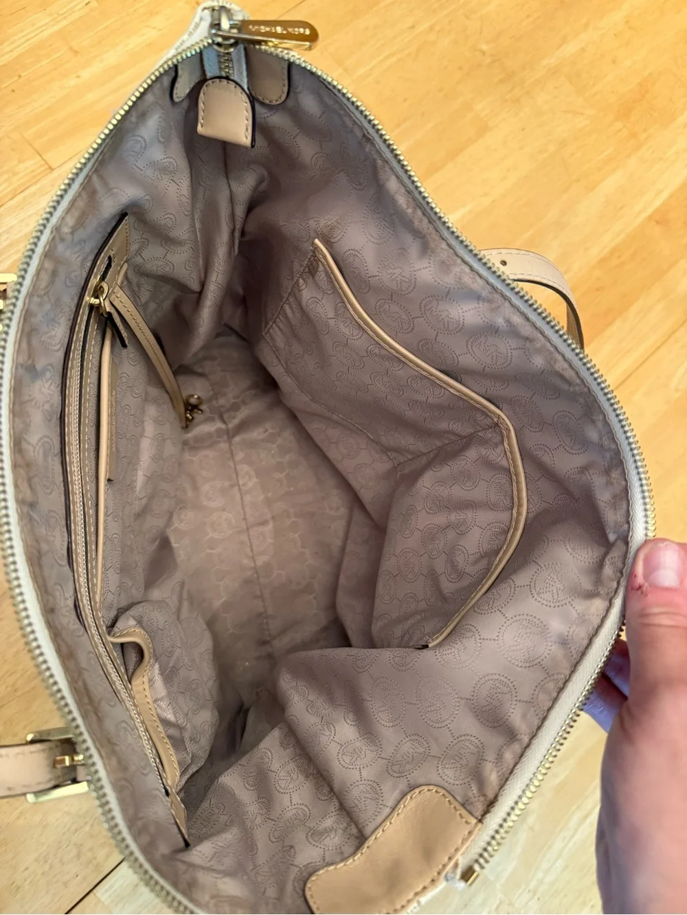 Michael Kors Light Beige Signature MK Tote with Gold Charm